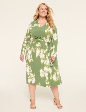 Lane Bryant Faux Wrap Midi Dress 26/28 Green Floral Fall Wedding Guest NWT